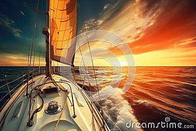 Yacht sailing in an open sea at sunset Stock Photo