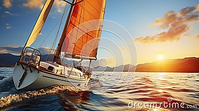 Yacht Sailing under a Stunning Sunset. Sailboat. Travel Concept. Generative AI Stock Photo