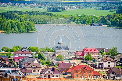 The yacht sails through the picturesque large Minsk Stock Photo