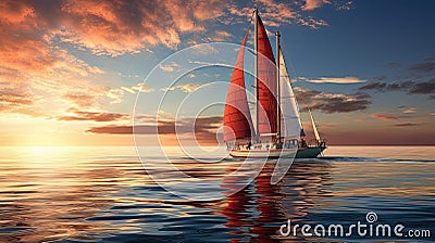 A yacht with scarlet sails on the background of a sunset at sea. Generated by AI Stock Photo