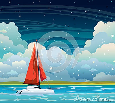 Yacht, sea, clouds and night sky. Summer landscape. Cartoon Illustration