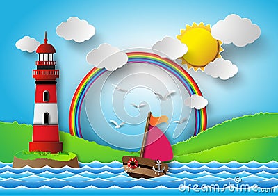 Yacht on sea with sun bream and rainbow Vector Illustration