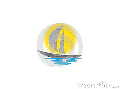 Yacht sealing with big sun and sea for logo design Cartoon Illustration
