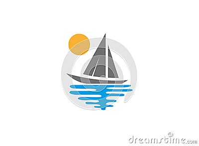 Yacht sealing with sun and sea logo Cartoon Illustration