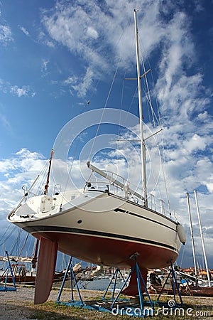 Yacht at shipyard Stock Photo