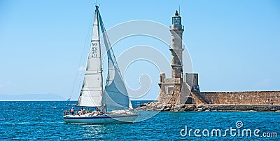 Yacht under sail at Chania, Crete Editorial Stock Photo