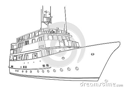 Yacht vector, contour silhouette ship on white background, black and white drawing for coloring book Vector Illustration