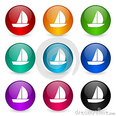 Yacht vector icons, set of colorful glossy 3d rendering ball buttons in 9 color options Vector Illustration