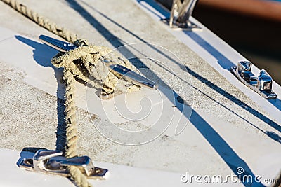 Yachting. Block with rope. Detail of sailing boat Stock Photo