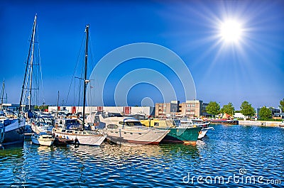 Yachts and boats parking in Antwerp, Belgium, Benelux, HDR Stock Photo