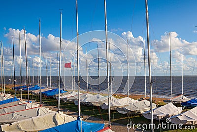 Yachts on the empty beach, Hjerting, Jutland, Denmark. Stock Photo