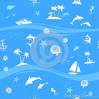 Yachts, fishes and beach seamless vector background Vector Illustration