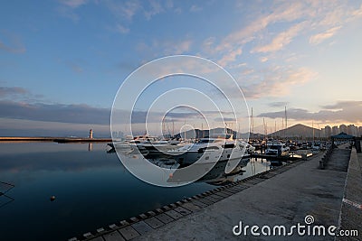 Yachts marina at sunrise morning Stock Photo