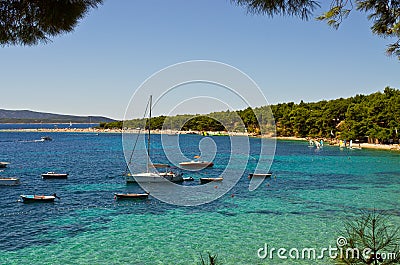 Yachts near Zlatni Rat beach, Brac island, Croatia Stock Photo