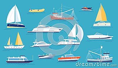 Yachts and sailboats. Small sea transport, motorboat and fishing ship. Flat marine regatta boat, ocean vessel with sail Vector Illustration