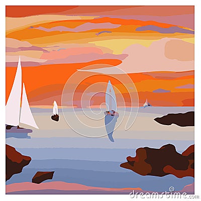 yachts sailing at sunset in the ocean Vector Illustration