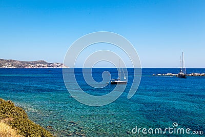 Yachts and ships waiting at the ancient city port of Knidos are on vacation.Turkey Mugla Datca, June 28 2023 Editorial Stock Photo