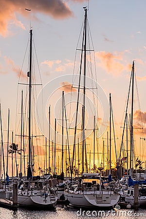 Yachts at sunset at the Ala Wai Small Boat Harbor in Honolulu, Hawaii Editorial Stock Photo