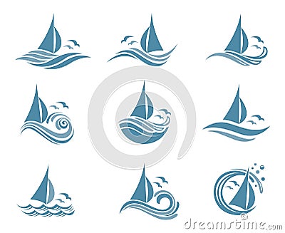 Yachts and waves icons Vector Illustration