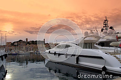 Yact port at sunset,Cannes Stock Photo