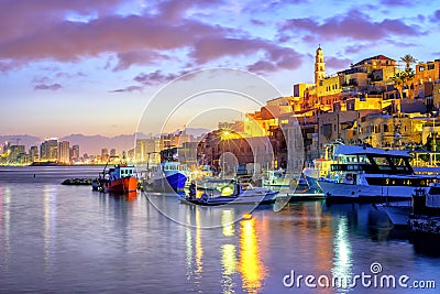 Yafo old town port on sunset, Tel Aviv, Israel Stock Photo