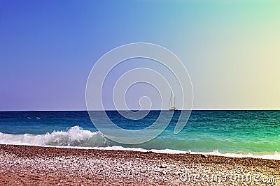 Yaht on horison line. Seascape. Tinted toned coloration image Stock Photo