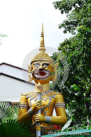 Yak : a guardian at entrance to Wat Simuang. Stock Photo