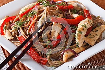Yakisoba with chicken, vegetables on a plate macro. Horizontal Stock Photo