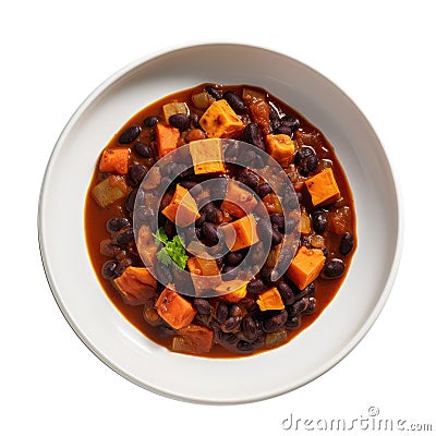Yam And Black Bean Chili On White Plate, On White Background Stock Photo