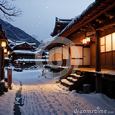 Yamagata, Japan-Febuary 27, : Landscape View Of Ginzan Onsen, One Of The Most Famous Hot Springs Old Town With Snow, Stock Photo