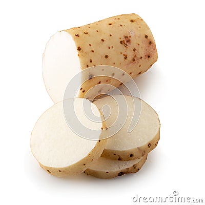 Yamaimo roots and slices or Chinese yam isolated over white background Stock Photo