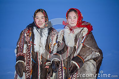 Yamalo-Nenets Autonomous Okrug, extreme north, Nenets family in the national winter clothes of the northern inhabitants of the Stock Photo