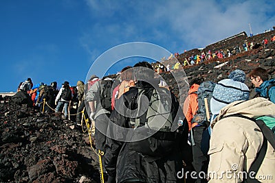 YAMANASHI, JAPAN - 29 JULY: Hikers waiting in line to get up the Editorial Stock Photo