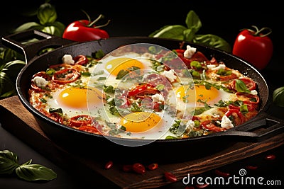 Yammy shakshuka with eggs, ripe tomatoes and flavorful green herbs in a pan. Black background Stock Photo