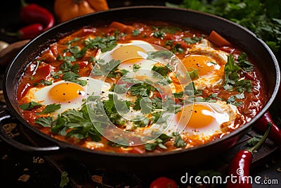 Yammy shakshuka with eggs, ripe tomatoes, and green herbs in a pan on black background Stock Photo