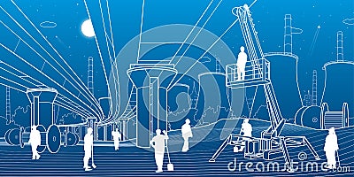 Construction site. People working. Service bridge. Industry machinery, crane lifts a man. Car overpass and power plant at backgrou Vector Illustration