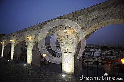 Yanahuara Plaza, view point at night background misti volcano Arequipa Peru Stock Photo