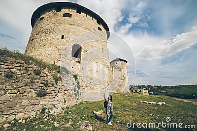 Yang pretty woman tourist in front of castle Stock Photo