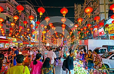 Chinese New Year in Chinatown of Yangon, Myanmar Editorial Stock Photo
