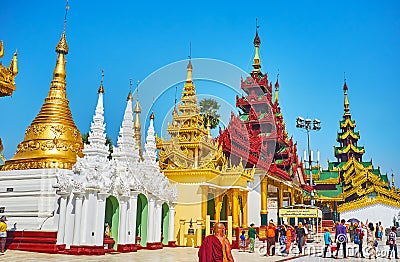 Traditional Burmese architecture of Shwedagon Pagoda complex, Ya Editorial Stock Photo