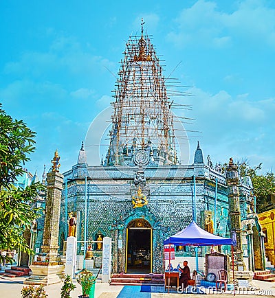 The mirrored Sein Yaung Chi Pagoda, Yangon, Myanmar Editorial Stock Photo