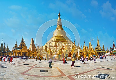 Panorama with main stupa of Shwedagon Zedi Daw, Yangon, Myanmar Editorial Stock Photo