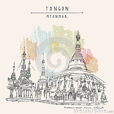 Yangon Rangoon, Myanmar Burma, Southeast Asia. Shwedagon pagoda, venerable ancient Buddhist temple. Hand drawn cityscape Vector Illustration