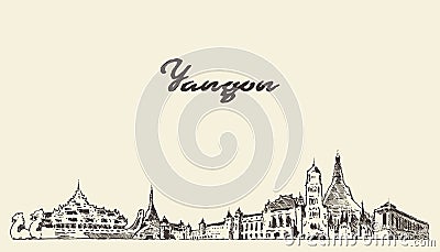 Yangon skyline, Myanmar vector city drawn sketch Vector Illustration