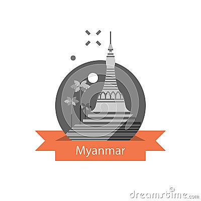 Yangon symbol, Shwedagon pagoda, Myanmar travel destination, culture and architecture, famous landmark Vector Illustration