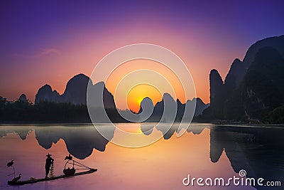 Yangshuo & Fisherman Stock Photo