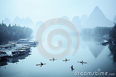 Yangshuo scenery in fog Stock Photo