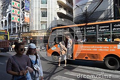 YAOWARAT, BANGKOK, THAILAND -10 JAN, 2016: mini bus number 1 stop on chinatown Thailand, Yaowarat is a major of gold trading mark Editorial Stock Photo