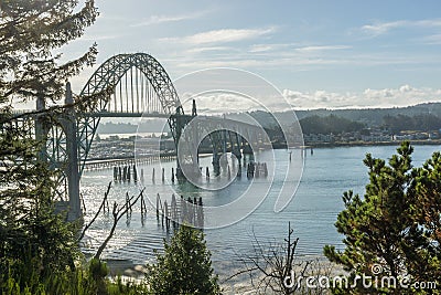 Yaquina Bay Bridge at Newport Harbor Editorial Stock Photo