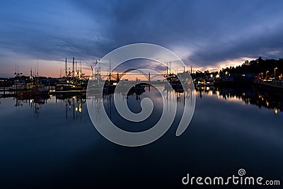 Yaquina Bay and Newport marina, Oregon, at twilight Editorial Stock Photo